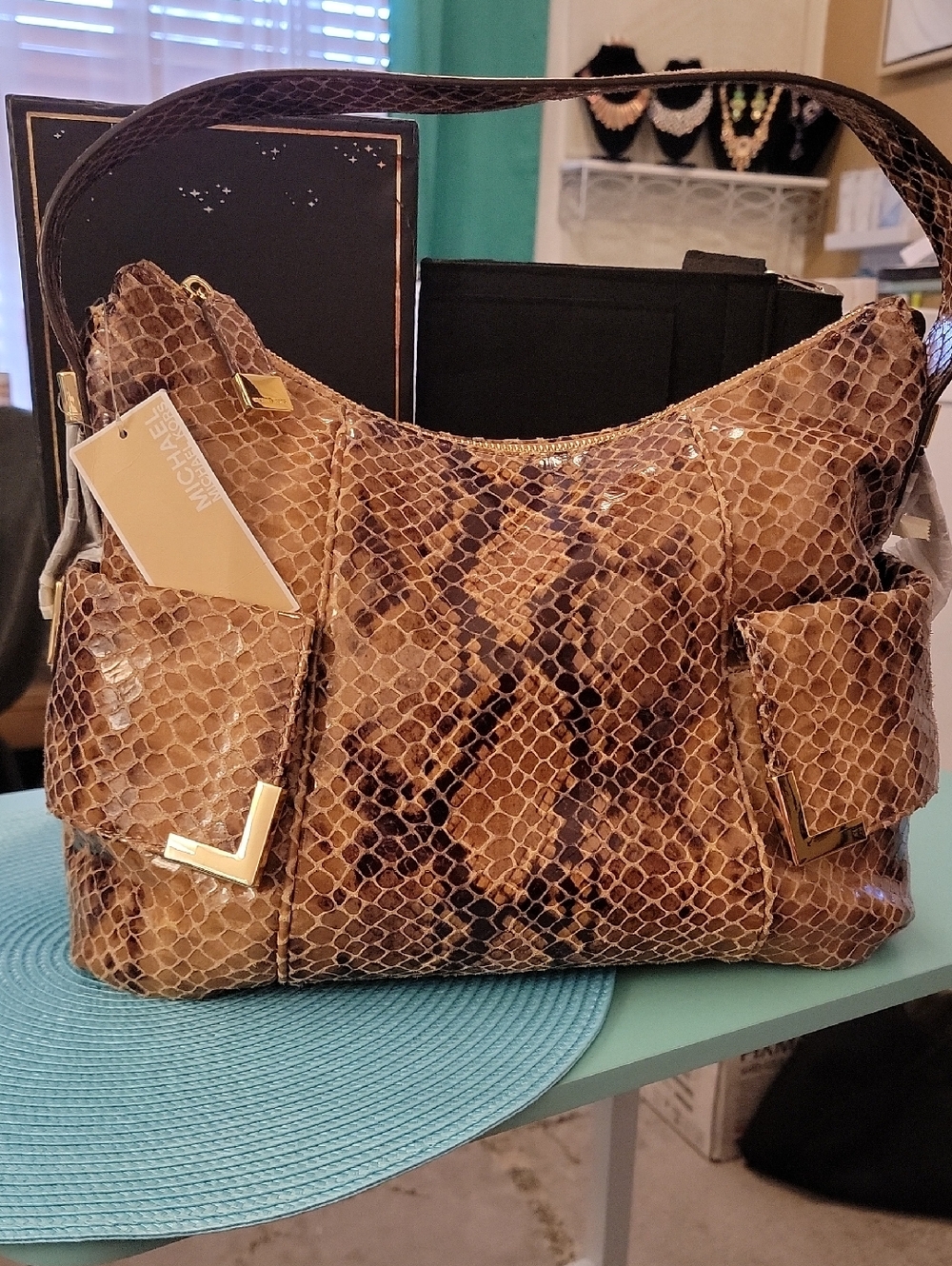 Michael Kors Tan Brown Snakeskin-Print Shoulder Bag